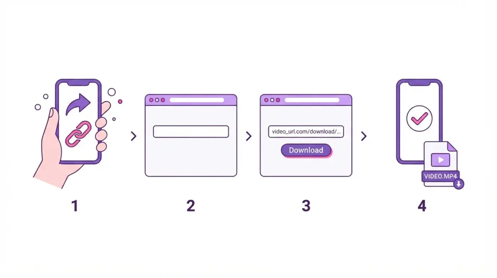 Four steps to save IG video: copy the link, open Instatomp4, paste the link, download the MP4