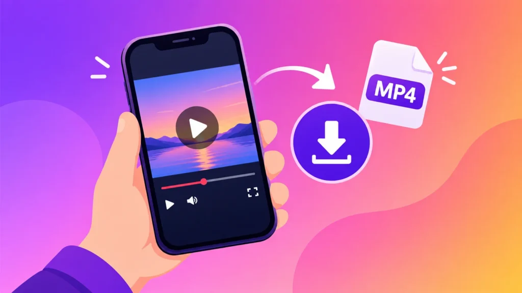 Instagram video to MP4 on iPhone: phone with a download arrow and MP4 file icon
